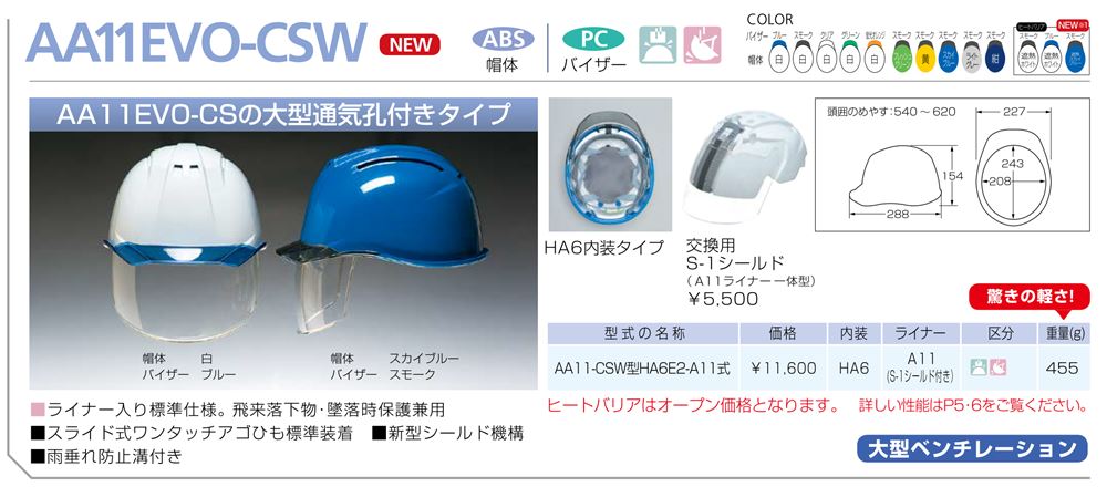 DIC AA11EVO-CSW ワイドシールド面付き作業用ヘルメット（通気孔付き 