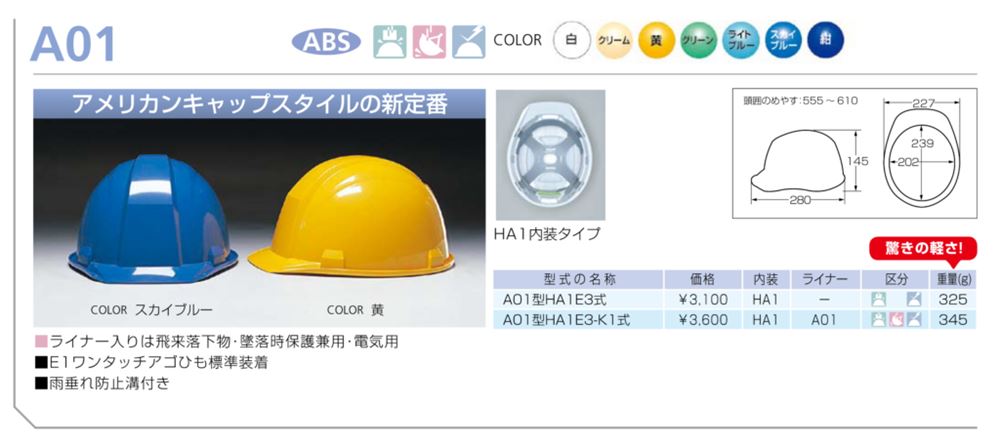 ヘルメット 安全 作業用 工事用 建築用 建設用 保護帽 電気工事対応 アメリカンキャップ DIC A-01K