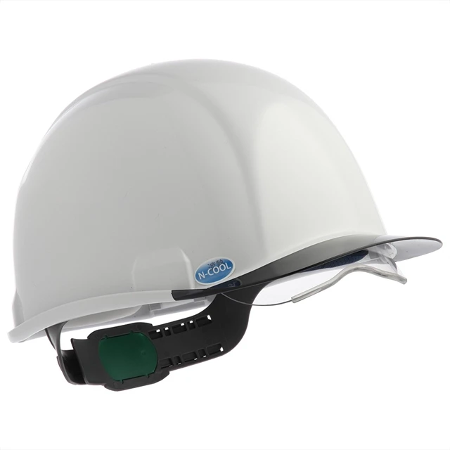 【シールド面:収納時】夏の屋外作業 直射日光下の熱中症対策 遮熱ヘルメット 電気工事対応 コンパクトシールド付き 透明ひさし メッシュハンモック 薄型エアーシート スミハット Nクール SAX2S-A-NCOOL 遮熱白ヘルメット/グレースモークバイザー